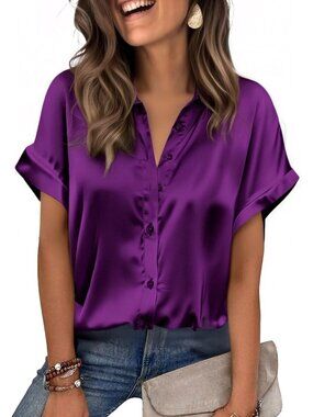 Women's Purple Satin Silk Blouse Short Sleeve Button Down Collared Office Shirt